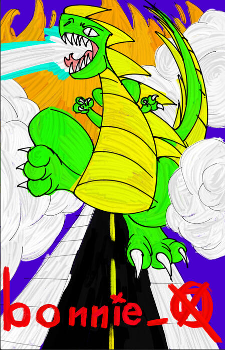 A large, reptilian monster destroying a city street, with a logo below it reading "bonnie_Q"