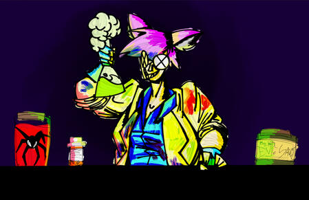 A woman with neon pink hair and wolf ears, holding a flask of glowing, steaming green liquid. On her desk is a large jar, containing a spider-like creature, suspended in red liquid, a non-descript prescription bottle, and a brown jar labeled "Miss Wolf's E