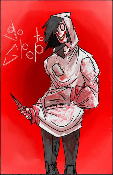 Jeff A tall, pale man in a blood-stained white hoodie and black dress pants. His eyelids have been burned out and his mouth has been carved into a permanent smile. His clothes have various patches hastily hand-stitched on to cover burns and tears. He holds a sw